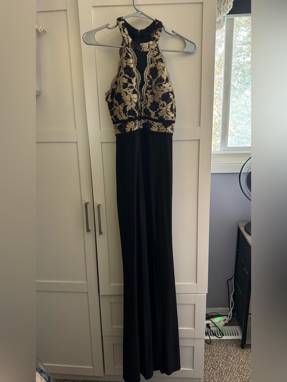 Morgan & Co. Black Gown with Gold Embroidered Halter Bodice